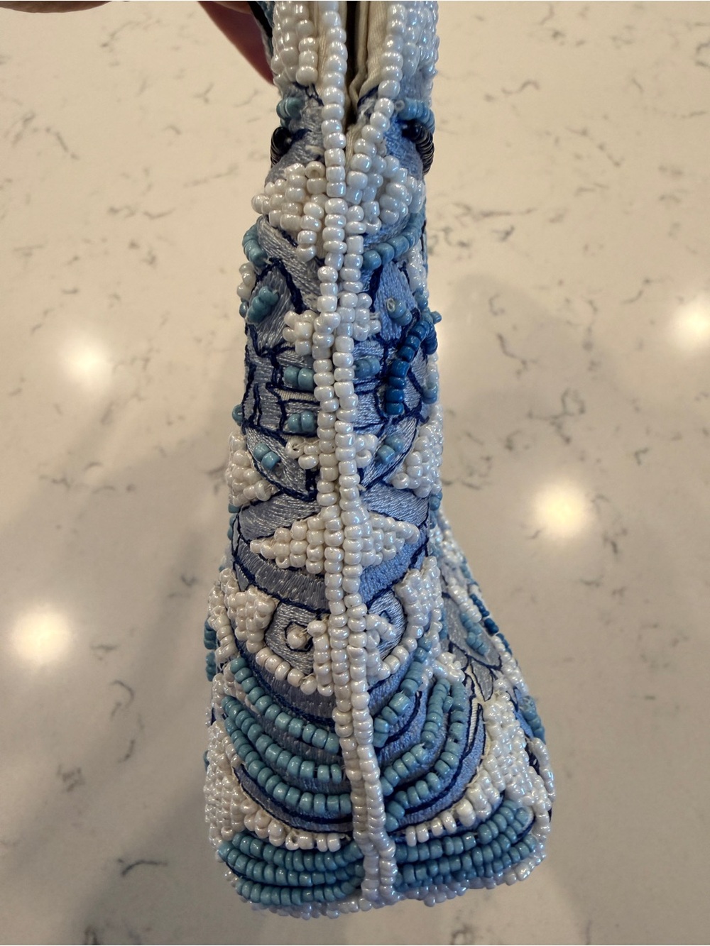 Viral Beaded Floral Handbag with Bamboo Handle - Blue & White - Picture 7 of 8